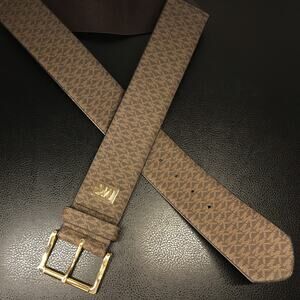 MICHAEL KORS Monogram Brown Gold Square WIDE Elastic Stretch Belt Canvas Med LG